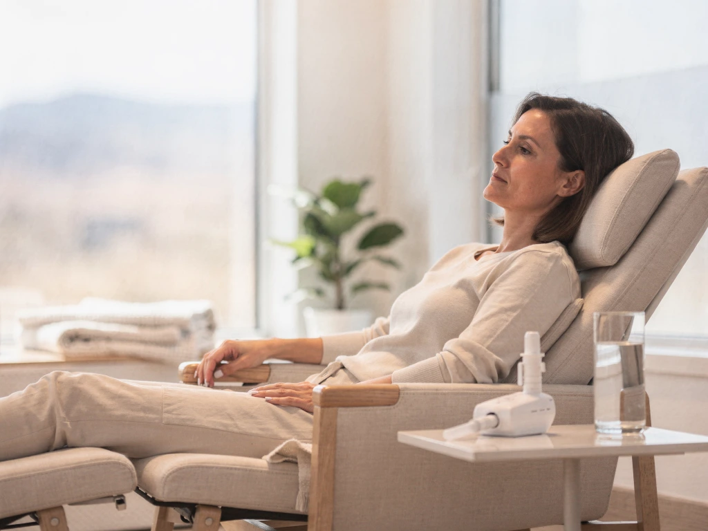 Patient resting in a comfortable chair during Spravato treatment at Myndful Wellness, with mountain views visible through the window